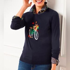Talbots Navy Pullover Bicycle Jacquard Embroidered Fall Floral sweater XS EUC